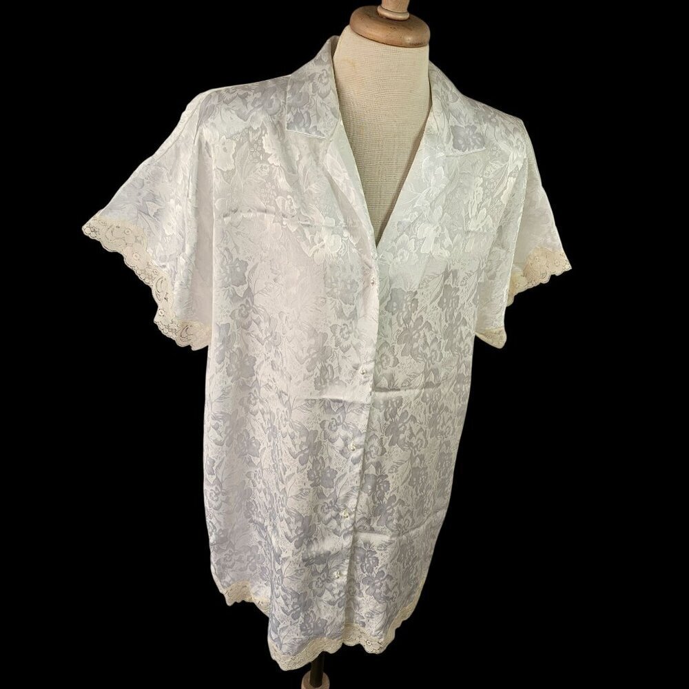Erika Taylor 90s White Brocade Cream Nightshirt Women Sz M Button-Up Short Slv
